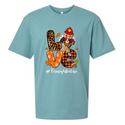 Love Firefighter Leopard Turkey Fall Thanksgiving Sueded Cloud Jersey T-Shirt