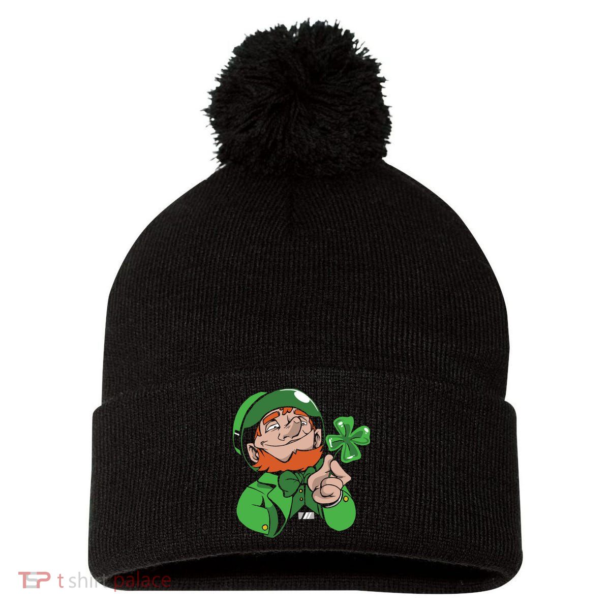 Leprechaun Four Leaf Pom Pom 12in Knit Beanie