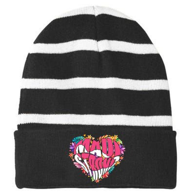 Love For Maui Hawaii Heart Flowers Ocean Beaches Striped Beanie with Solid Band