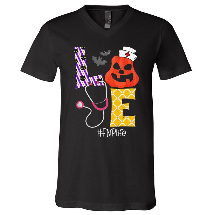 Love Fnp Nurse Life Spooky Nurse Pumpkin Halloween V-Neck T-Shirt