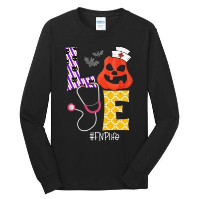 Love Fnp Nurse Life Spooky Nurse Pumpkin Halloween Tall Long Sleeve T-Shirt