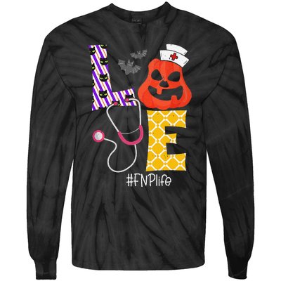 Love Fnp Nurse Life Spooky Nurse Pumpkin Halloween Tie-Dye Long Sleeve Shirt