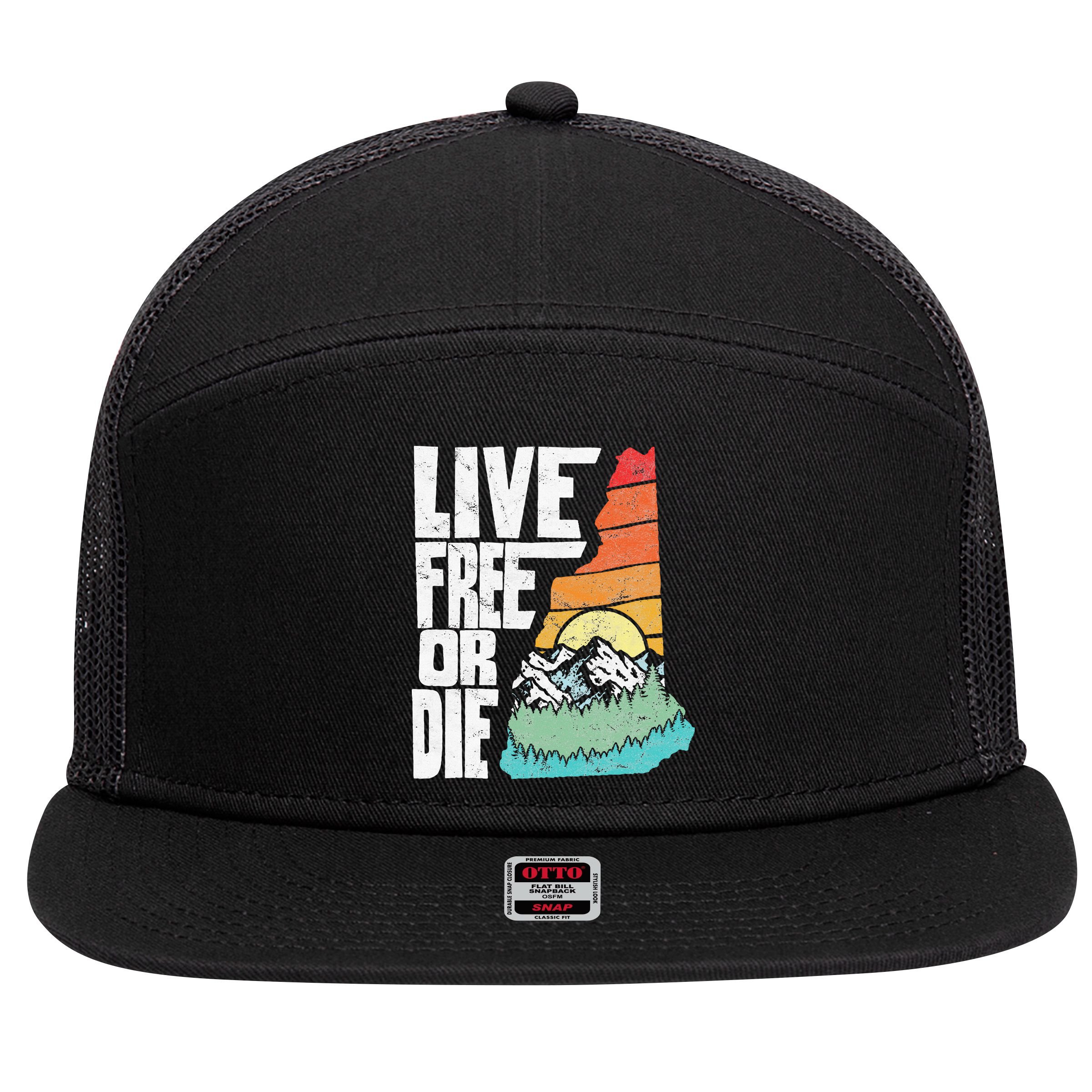 Live Free Or Die Retro New Hampshire Nature Graphic 7 Panel Mesh Trucker Snapback Hat