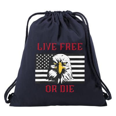 Live Free Or Die Bald Eagle American Flag Drawstring Bag