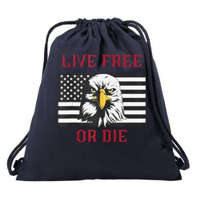 Live Free Or Die Bald Eagle American Flag Drawstring Bag