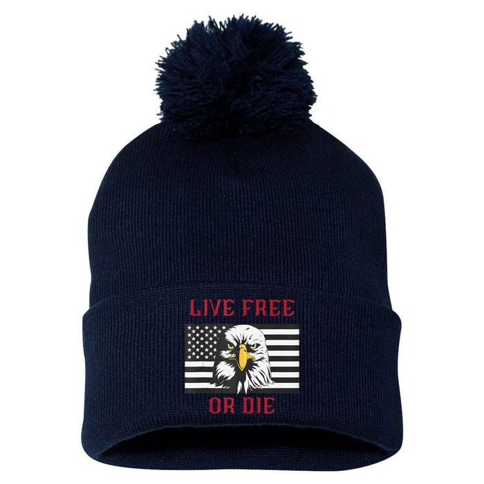 Live Free Or Die Bald Eagle American Flag Pom Pom 12in Knit Beanie