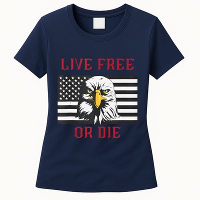 Live Free Or Die Bald Eagle American Flag Womens T-Shirt