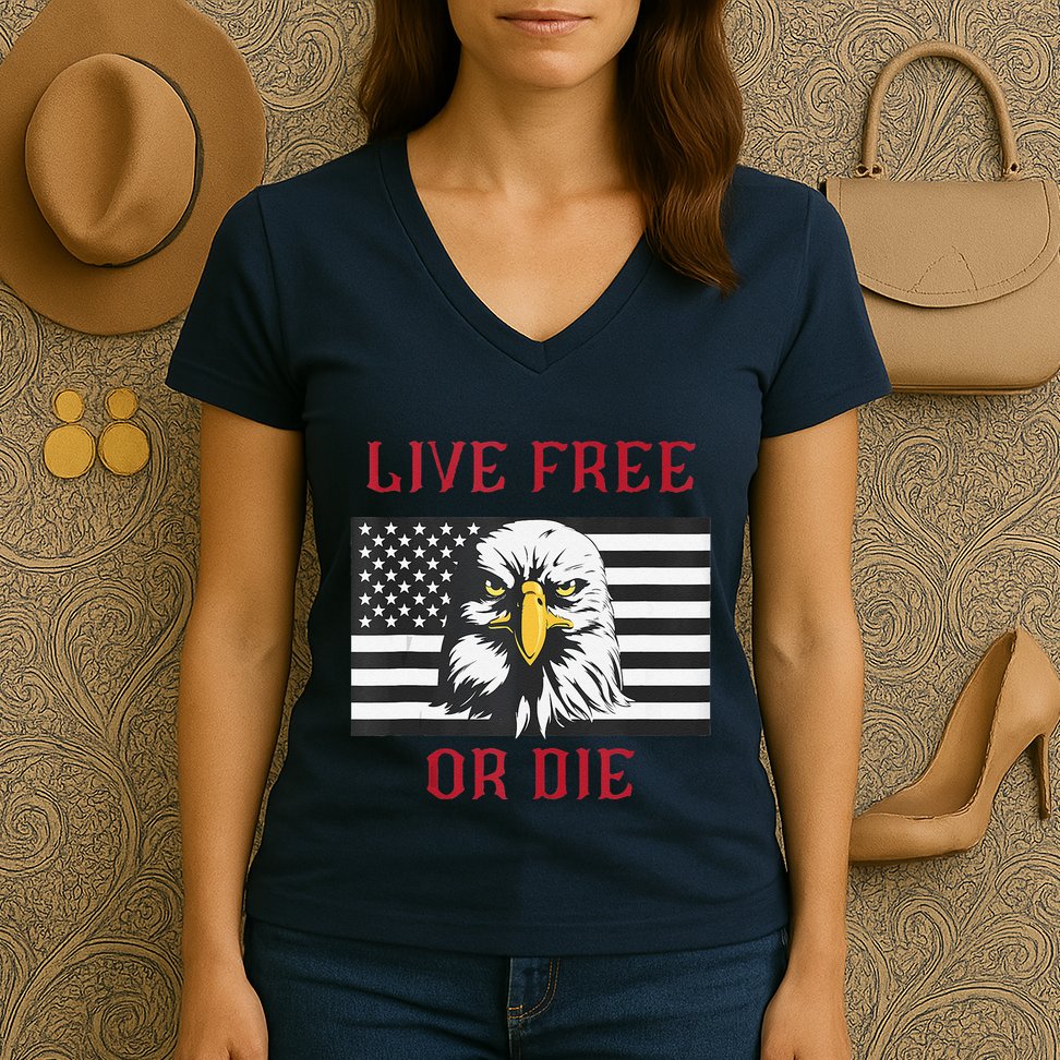 Live Free Or Die Bald Eagle American Flag Women's V-Neck T-Shirt