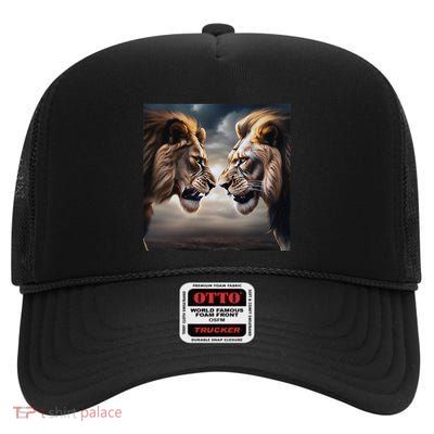 Lions Facing Off African Lion Lovers Art Big Cat Art Lover High Crown Mesh Back Trucker Hat