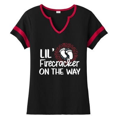 Lil Firecracker On The Way Us Feet Future Patriot Mom Gift Ladies Halftime Notch Neck Tee