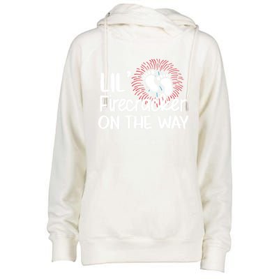 Lil Firecracker On The Way Us Feet Future Patriot Mom Gift Womens Funnel Neck Pullover Hood