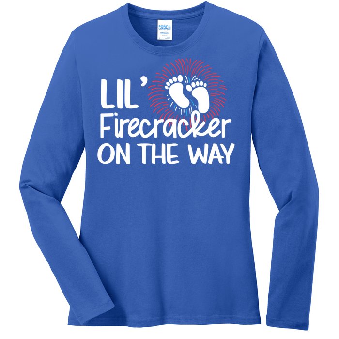 Lil Firecracker On The Way Us Feet Future Patriot Mom Gift Ladies Long Sleeve Shirt