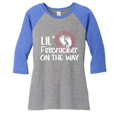 Lil Firecracker On The Way Us Feet Future Patriot Mom Gift Women's Tri-Blend 3/4-Sleeve Raglan Shirt