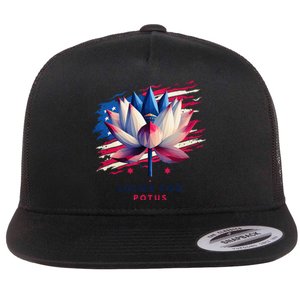 Lotus For Potus Kamala Harris President 2024 Democrats Gift Flat Bill Trucker Hat