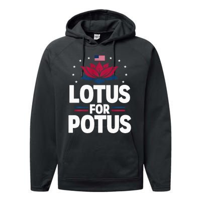 Lotus For Potus Cute Flower American Flag Kamala Harris 2024 Performance Fleece Hoodie