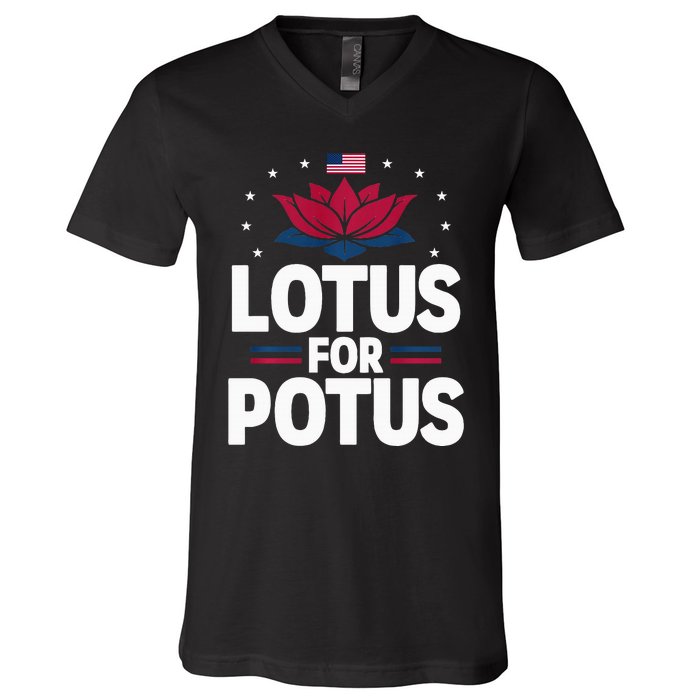 Lotus For Potus Cute Flower American Flag Kamala Harris 2024 V-Neck T-Shirt