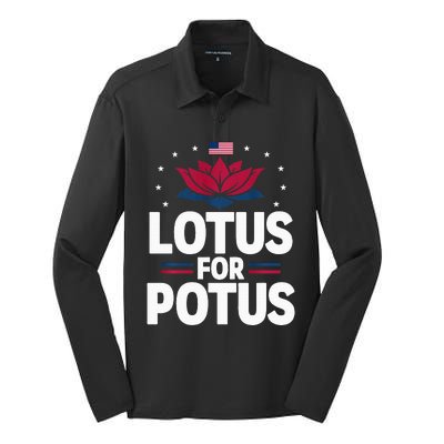 Lotus For Potus Cute Flower American Flag Kamala Harris 2024 Silk Touch Performance Long Sleeve Polo