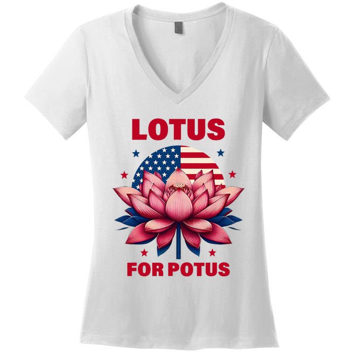 Lotus For Potus Kamala Harris 2024 President Political Trend Women's V-Neck T-Shirt