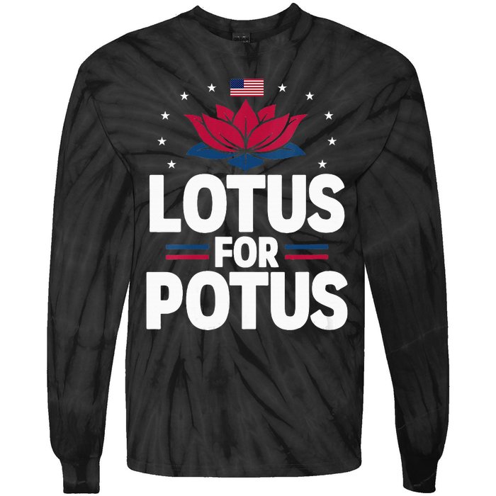 Lotus For Potus Cute Flower American Flag Kamala Harris 2024 Tie-Dye Long Sleeve Shirt