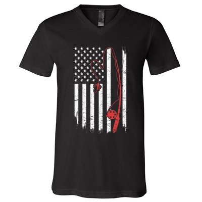Lure Fishing Rod Flag American Usa Patriotic Fisherman V-Neck T-Shirt