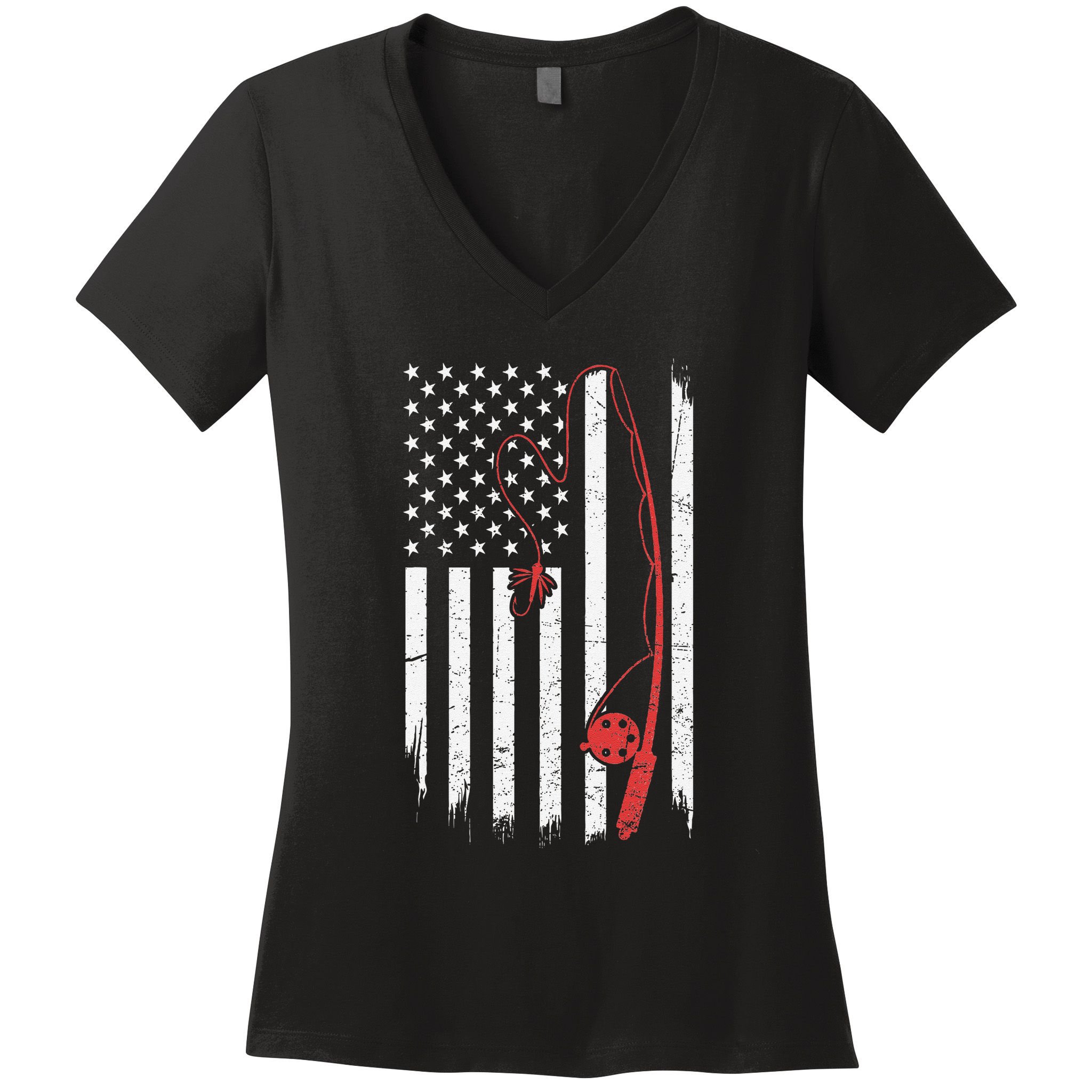 Lure Fishing Rod Flag American Usa Patriotic Fisherman Women's V-Neck T-Shirt