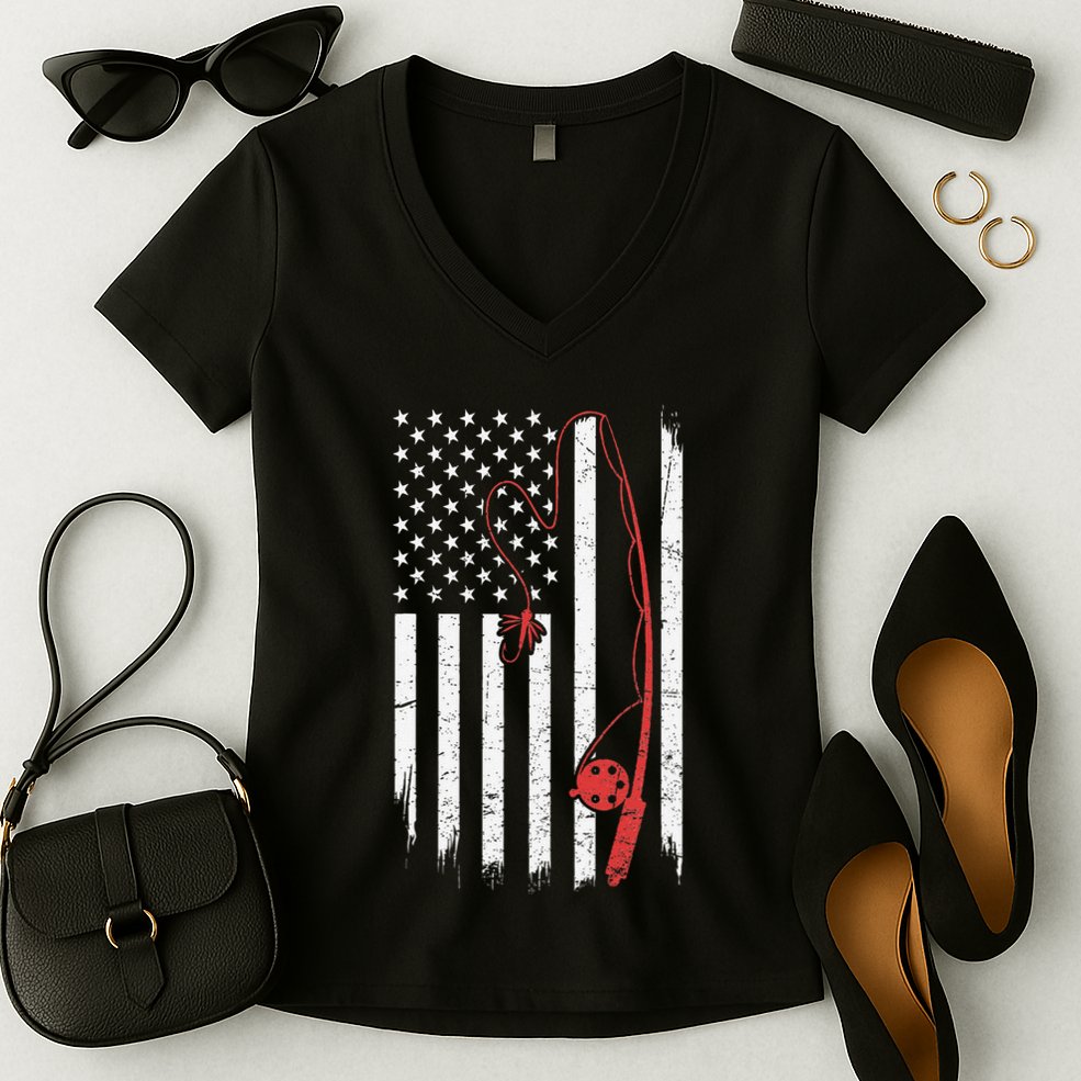 Lure Fishing Rod Flag American Usa Patriotic Fisherman Women's V-Neck T-Shirt