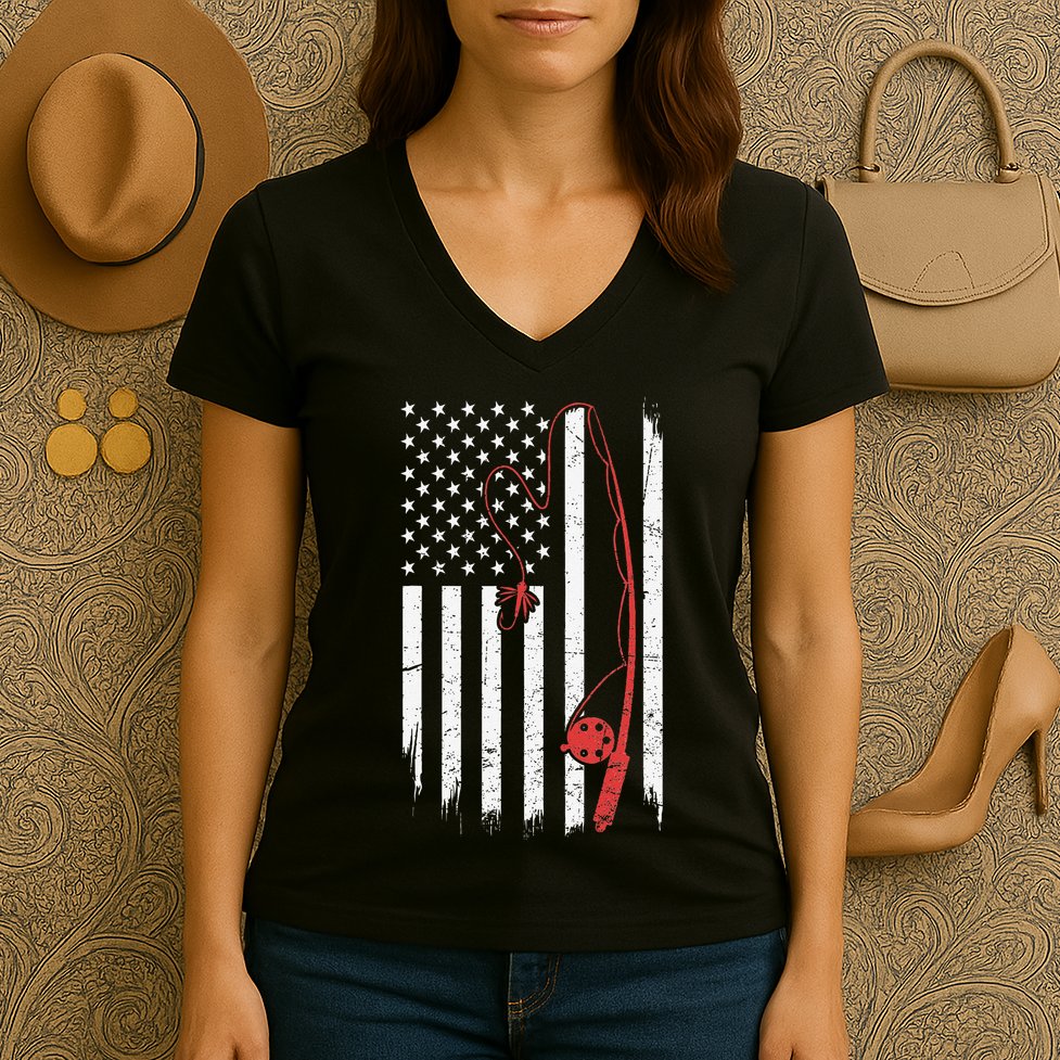 Lure Fishing Rod Flag American Usa Patriotic Fisherman Women's V-Neck T-Shirt