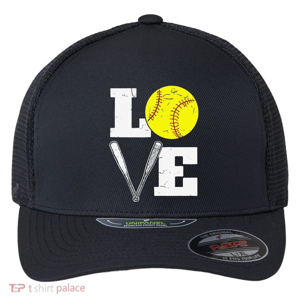 Love Funny Softball Player Flexfit Unipanel Trucker Cap