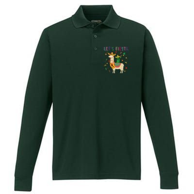 Lets Fiesta Sombrero Llamas Cactus Mexican Cinco De Mayo Performance Long Sleeve Polo