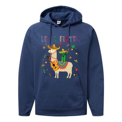 Lets Fiesta Sombrero Llamas Cactus Mexican Cinco De Mayo Performance Fleece Hoodie