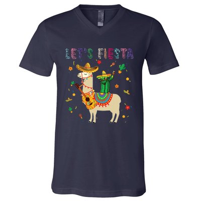 Lets Fiesta Sombrero Llamas Cactus Mexican Cinco De Mayo V-Neck T-Shirt