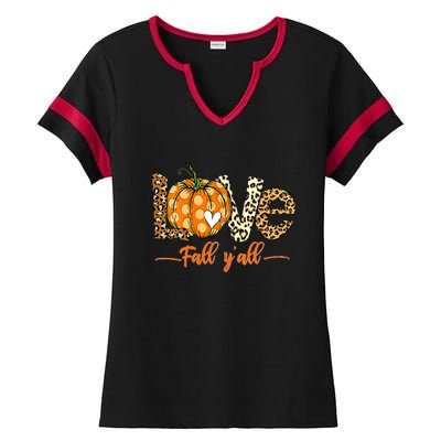 Love Fall Y'All Leopard Pumpkin Fall Ladies Halftime Notch Neck Tee