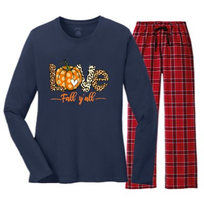 Love Fall Y'All Leopard Pumpkin Fall Women's Long Sleeve Flannel Pajama Set 