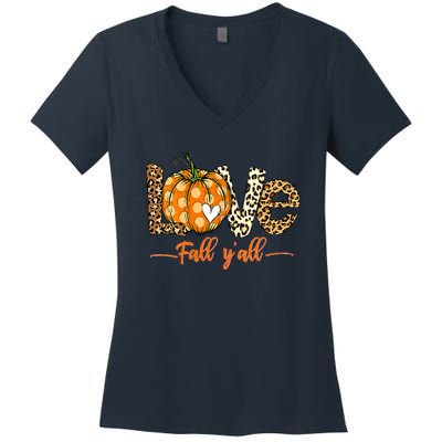 Love Fall Y'All Leopard Pumpkin Fall Women's V-Neck T-Shirt