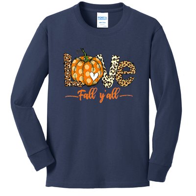 Love Fall Y'All Leopard Pumpkin Fall Kids Long Sleeve Shirt