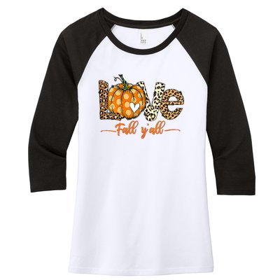 Love Fall Y'All Leopard Pumpkin Fall Women's Tri-Blend 3/4-Sleeve Raglan Shirt