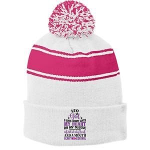 Leo Funny Zodiac Sign Graphic Gift Stripe Pom Pom Beanie