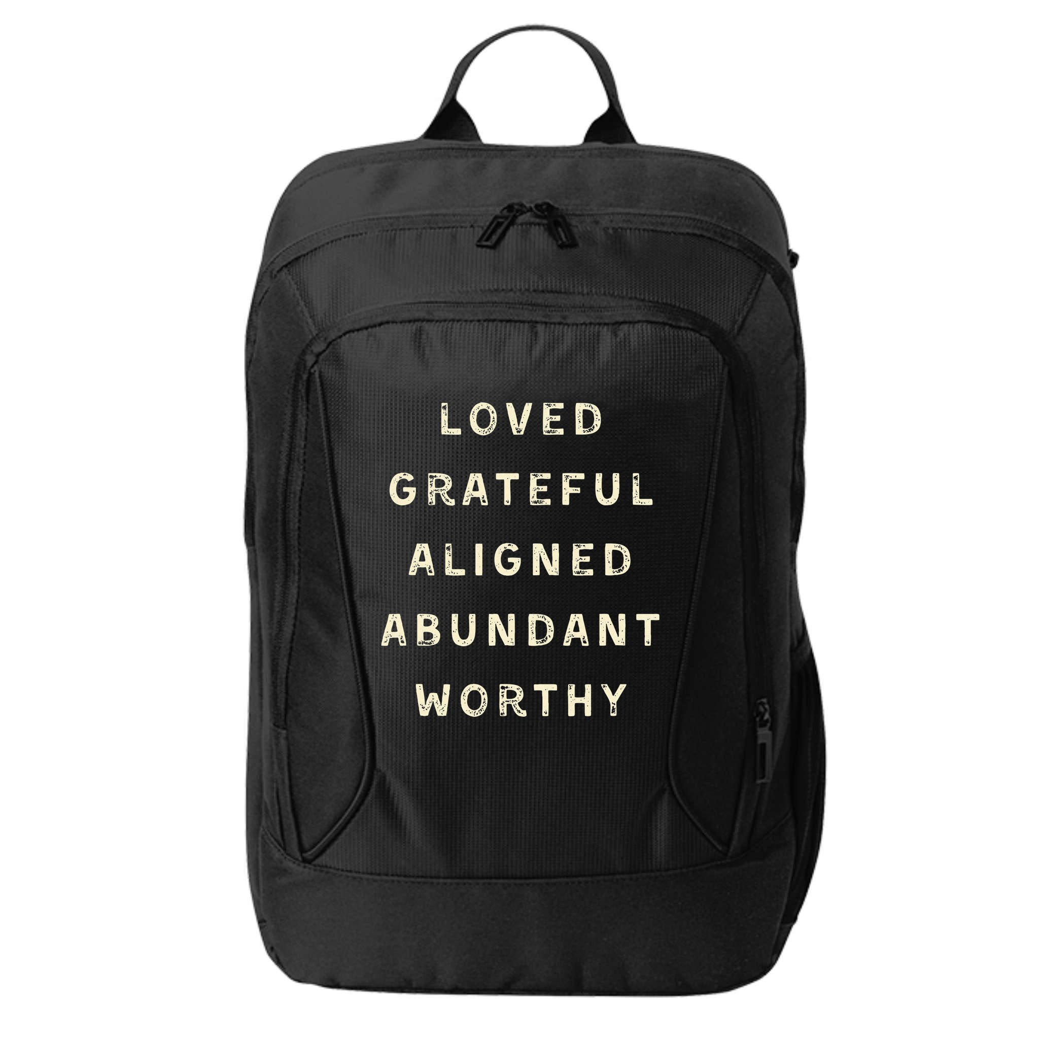 LOVED GRATEFUL ALIGNED ABUNDANT WORTHY AFFRIMATIONS POSITIVE City Backpack