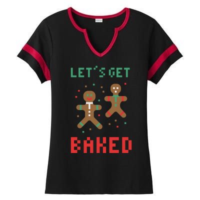 Let's Get Baked Gingerbread Cookie Funny Christmas Ladies Halftime Notch Neck Tee