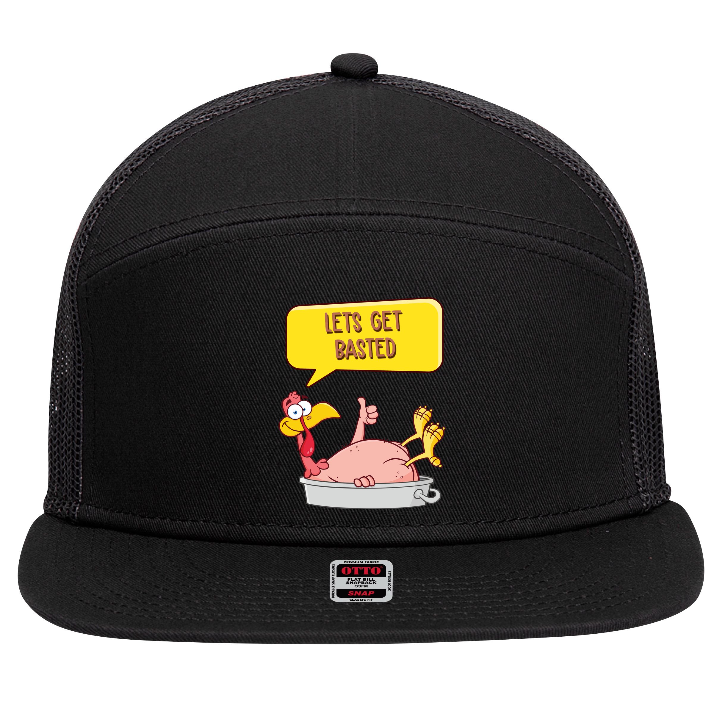 Lets Get Basted Funny Thanksgiving Turkey 7 Panel Mesh Trucker Snapback Hat