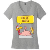 Lets Get Basted Funny Thanksgiving Turkey Women's V-Neck T-Shirt