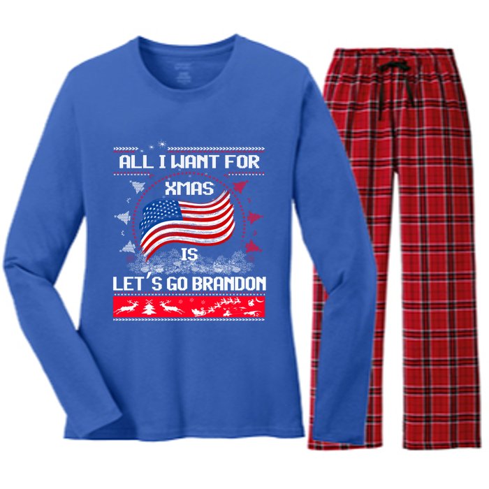 Lets Go Brandon Ugly Christmas Sweater Us Flag Brandon Xmas Great Gift Women's Long Sleeve Flannel Pajama Set 