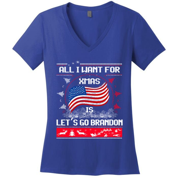 Lets Go Brandon Ugly Christmas Sweater Us Flag Brandon Xmas Great Gift Women's V-Neck T-Shirt