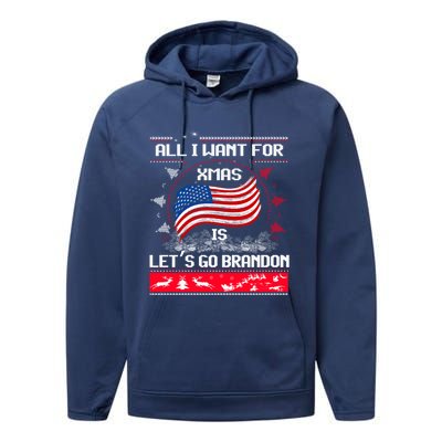 Lets Go Brandon Ugly Christmas Sweater Us Flag Brandon Xmas Great Gift Performance Fleece Hoodie