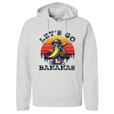 Lets Go Bananas Banana Playing Baseball Baseball Player Gift Performance Fleece Hoodie