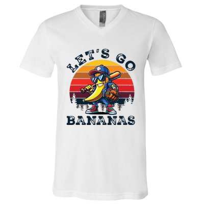 Lets Go Bananas Banana Playing Baseball Baseball Player Gift V-Neck T-Shirt