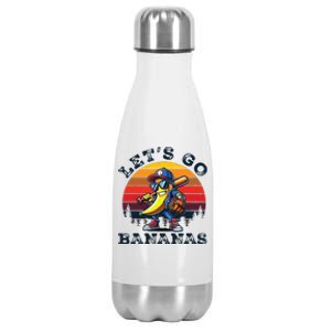 Lets Go Bananas Banana Playing Baseball Baseball Player Gift Stainless Steel Insulated Water Bottle