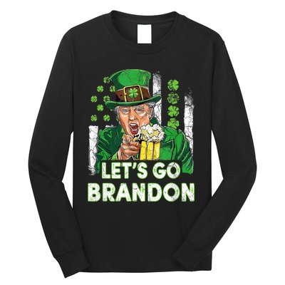 Lets Go Brandon St Patrick's Day Trump Beer And America Flag Long Sleeve Shirt