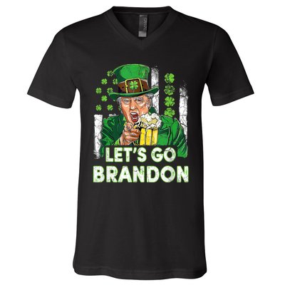 Lets Go Brandon St Patrick's Day Trump Beer And America Flag V-Neck T-Shirt