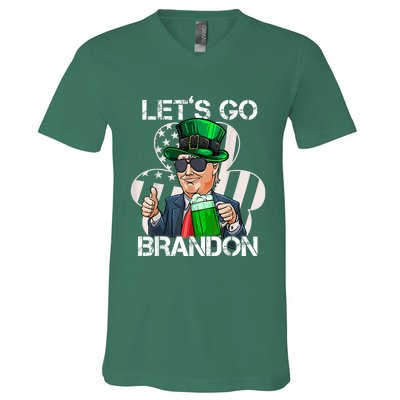 Lets Go Brandon St Patricks Day Trump American Flag Shamrock V-Neck T-Shirt